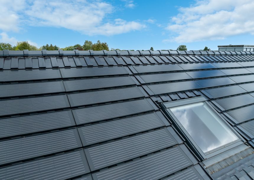 Gerenoveerd huis met serre en stijlvol PV-daksysteem. Detailaanzicht met J160 PV en dakraam.