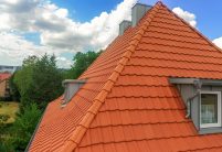J11v in natuurrood op schilddak van een woonhuis. Hier in de focus de nok.