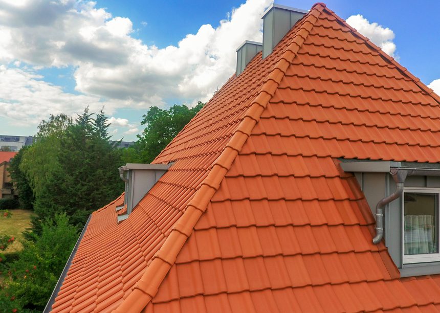J11v in natuurrood op schilddak van een woonhuis. Hier in de focus de nok.