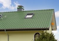 Gerenoveerd pand uit de jaren '70/'80 met opvallend groen dak met focus op de noklijn en het dakoppervlak.