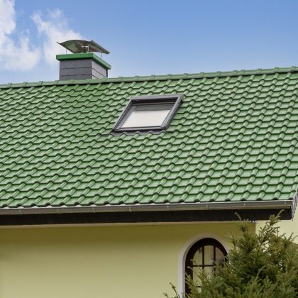 Gerenoveerd pand uit de jaren '70/'80 met opvallend groen dak met focus op de noklijn en het dakoppervlak.
